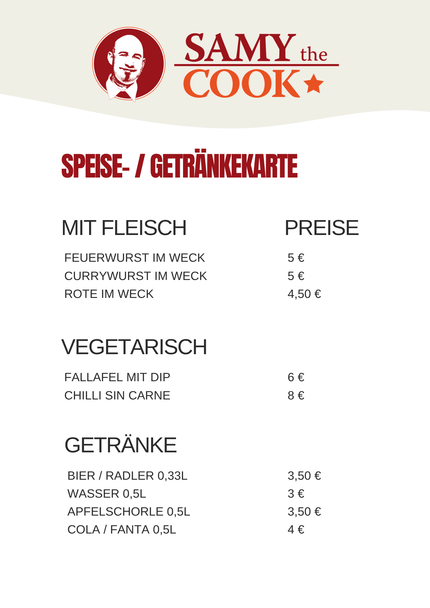 Sammy the Cook - Speise- & Getränkekarte